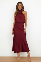 Dames Cocktailjurk – Halterhals, Taille Accent, Maxi Jurk-Dames Cocktailjurk-Suzannies-Bordeaux-S-Suzannies