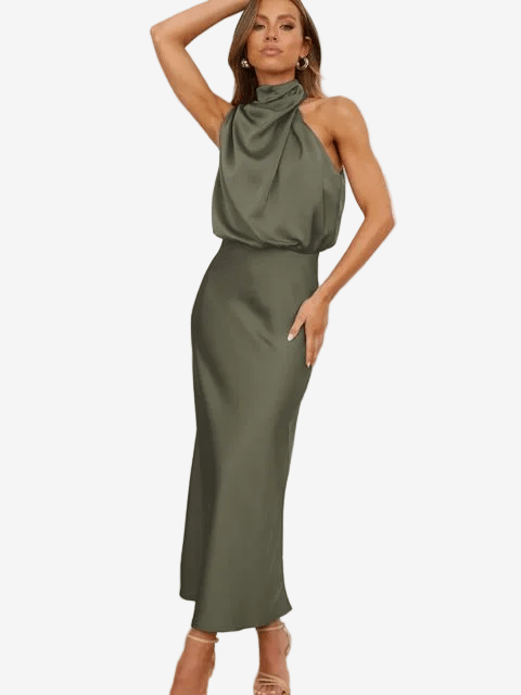 Dames Cocktailjurk – Halterhals, Taille Accent, Maxi Jurk-Dames Cocktailjurk-Suzannies-Groen-S-Suzannies