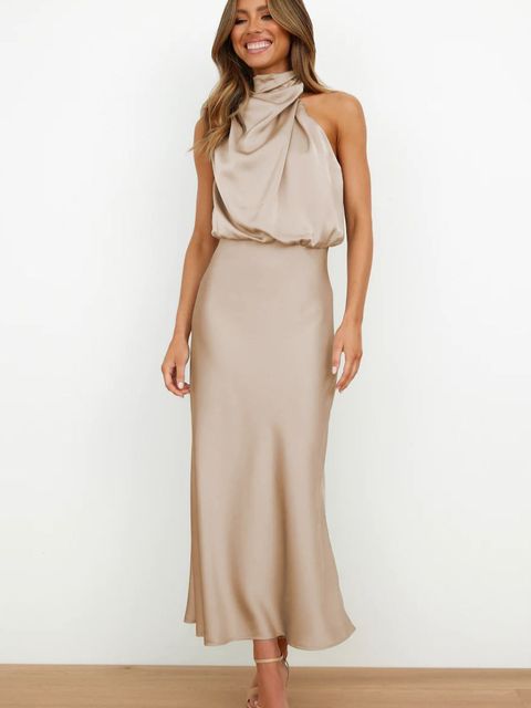 Dames Cocktailjurk – Halterhals, Taille Accent, Maxi Jurk-Dames Cocktailjurk-Suzannies-Khaki-S-Suzannies