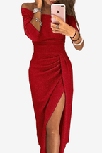 Dames Galajurk – Off-Shoulder, Lange Mouwen, Split Jurk-Dames Galajurk-Suzannies-Rood-XS-Suzannies