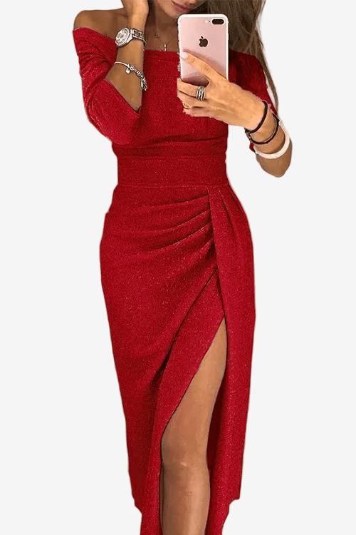 Dames Galajurk – Off-Shoulder, Lange Mouwen, Split Jurk-Dames Galajurk-Suzannies-Rood-XS-Suzannies