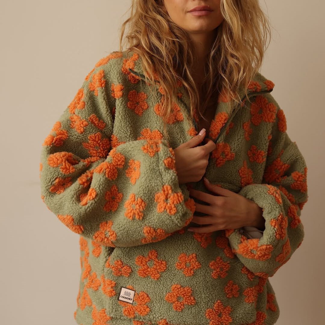 Dames Half Zip Trui – Bloemenprint, Oversized, Fleece Trui-Dames Oversized Trui-Suzannies-Suzannies