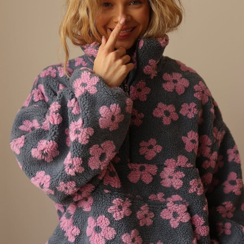 Dames Half Zip Trui – Bloemenprint, Oversized, Fleece Trui-Dames Oversized Trui-Suzannies-Suzannies