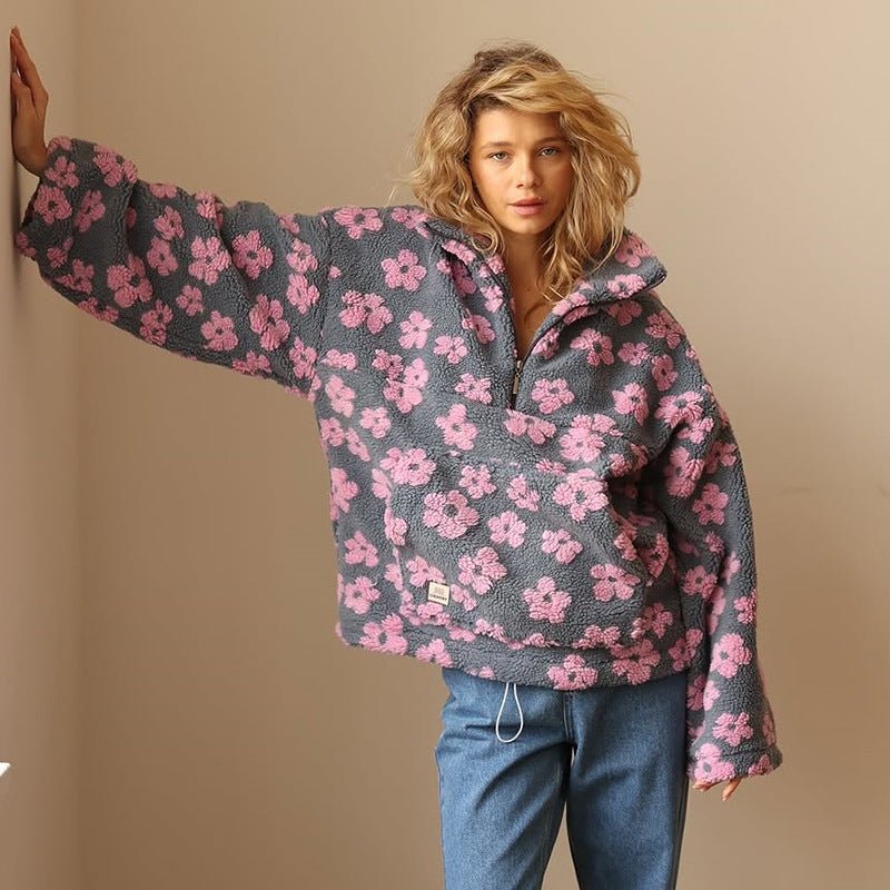 Dames Half Zip Trui – Bloemenprint, Oversized, Fleece Trui-Dames Oversized Trui-Suzannies-Roze-S-Suzannies