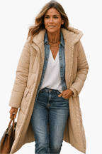 Dames Lange Winterjas – Gewatteerd, Tijdloos, Ritssluiting Jas-Dames Lange Winterjas-Suzannies-Beige-S-Suzannies
