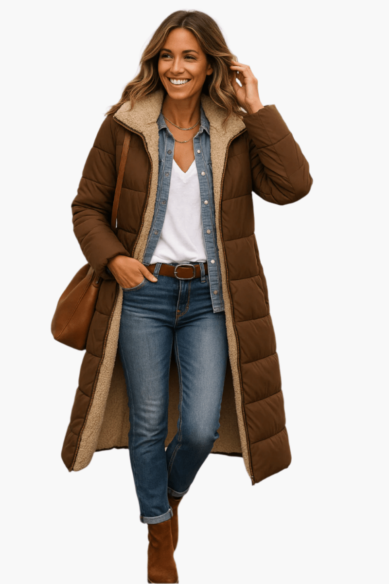 Dames Lange Winterjas – Gewatteerd, Tijdloos, Ritssluiting Jas-Dames Lange Winterjas-Suzannies-Bruin-S-Suzannies