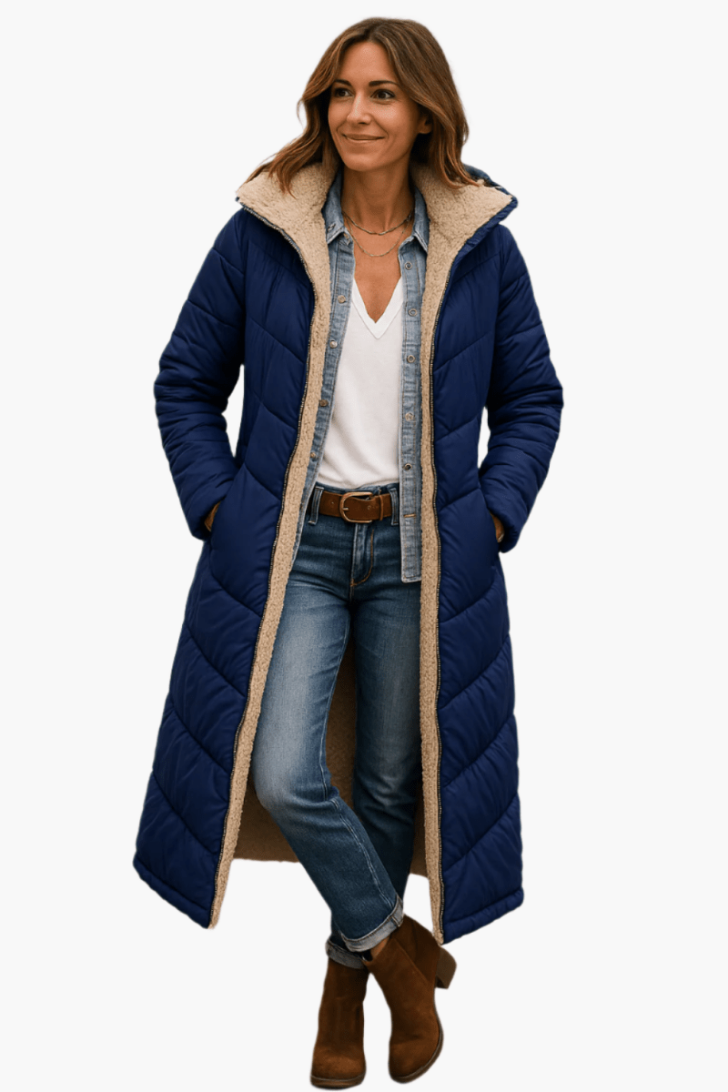 Dames Lange Winterjas – Gewatteerd, Tijdloos, Ritssluiting Jas-Dames Lange Winterjas-Suzannies-Marineblauw-S-Suzannies