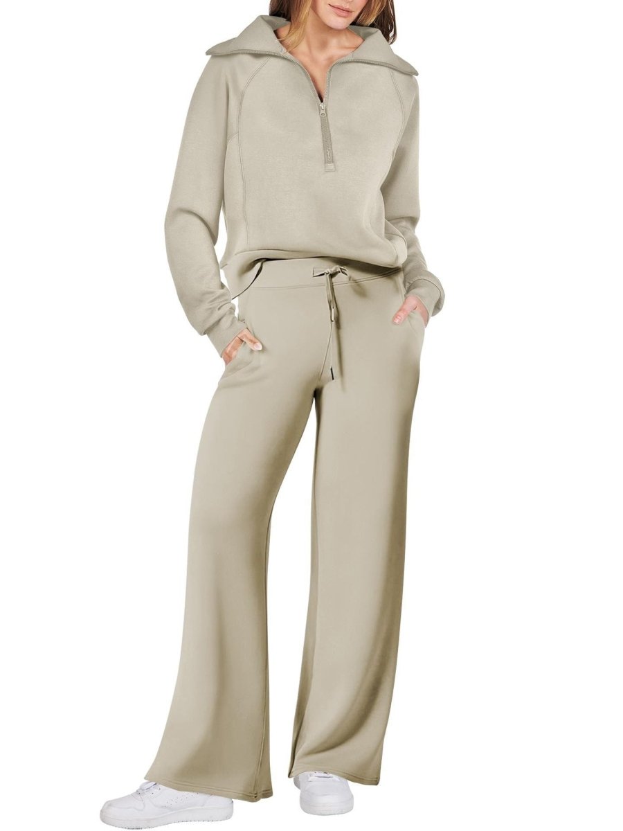 Dames Loungewear Set – Half Zip, Comfortable Lounge Set-Dames Loungewear Set-Suzannies-Khaki-S-Suzannies