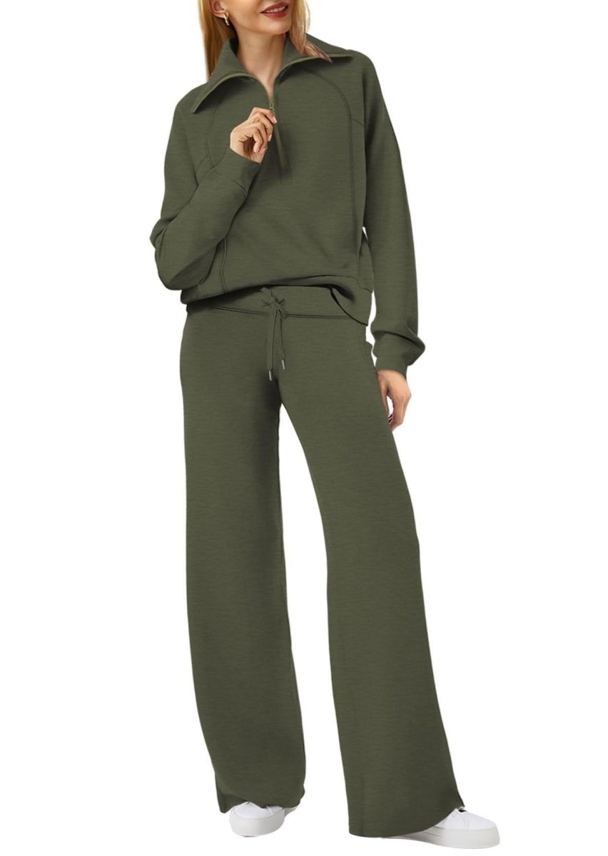 Dames Loungewear Set – Half Zip, Comfortable Lounge Set-Dames Loungewear Set-Suzannies-Legergroen-S-Suzannies