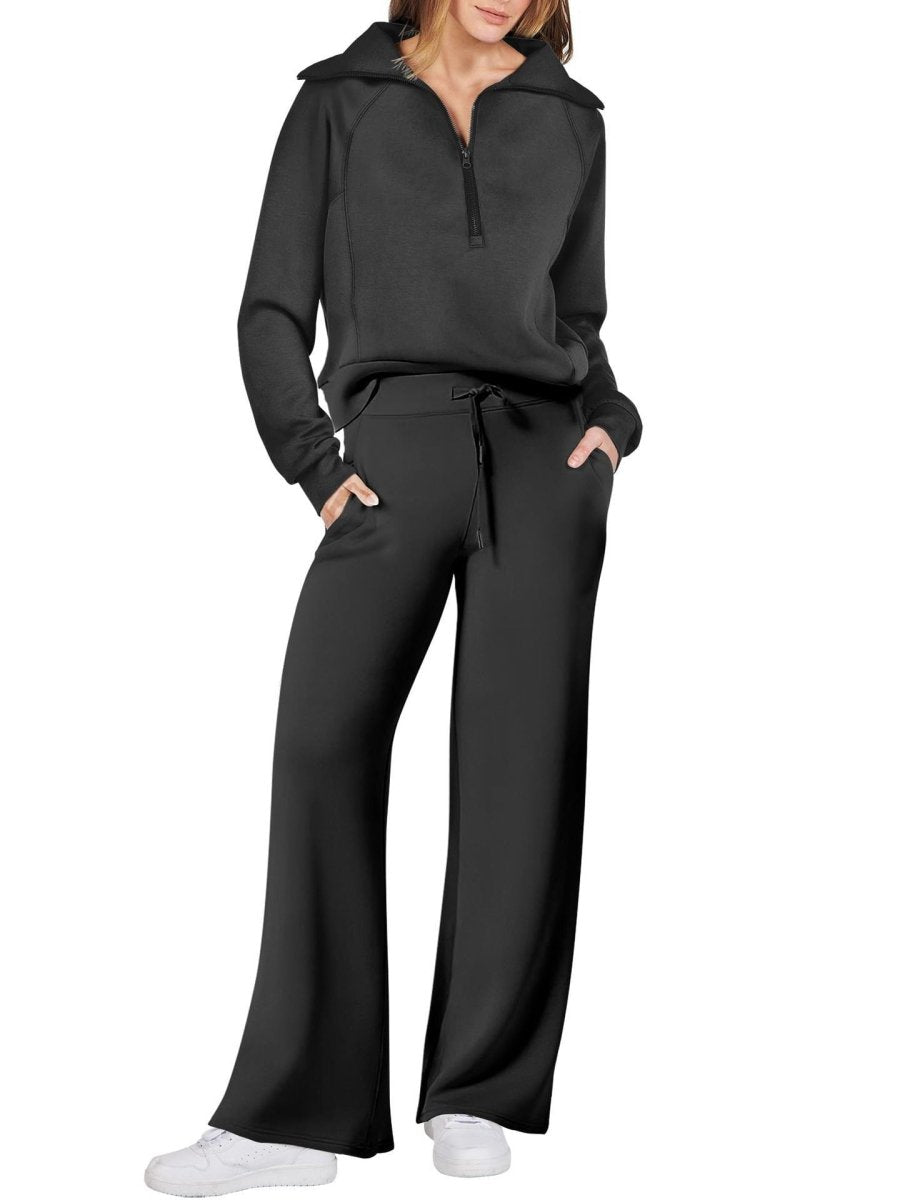 Dames Loungewear Set – Half Zip, Comfortable Lounge Set-Dames Loungewear Set-Suzannies-Zwart-S-Suzannies