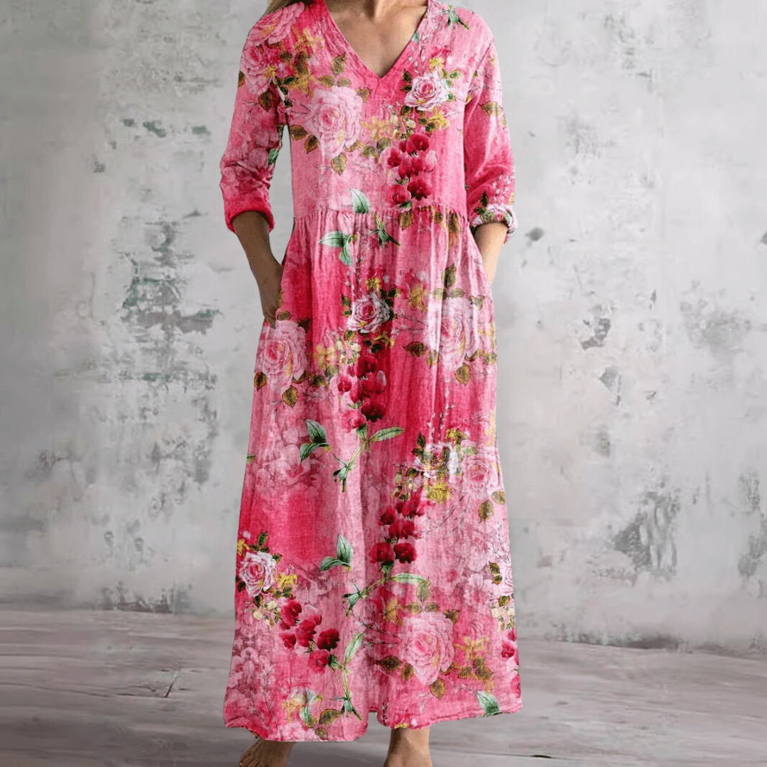 Dames Maxi Jurk – V-Hals, Bloemenpatroon, Losvallende Jurk-Dames Maxi Jurk-Suzannies-Fuchsia-S-Suzannies
