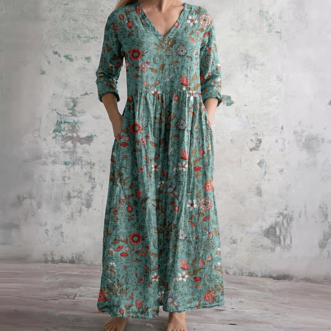 Dames Maxi Jurk – V-Hals, Bloemenpatroon, Losvallende Jurk-Dames Maxi Jurk-Suzannies-Groen-S-Suzannies