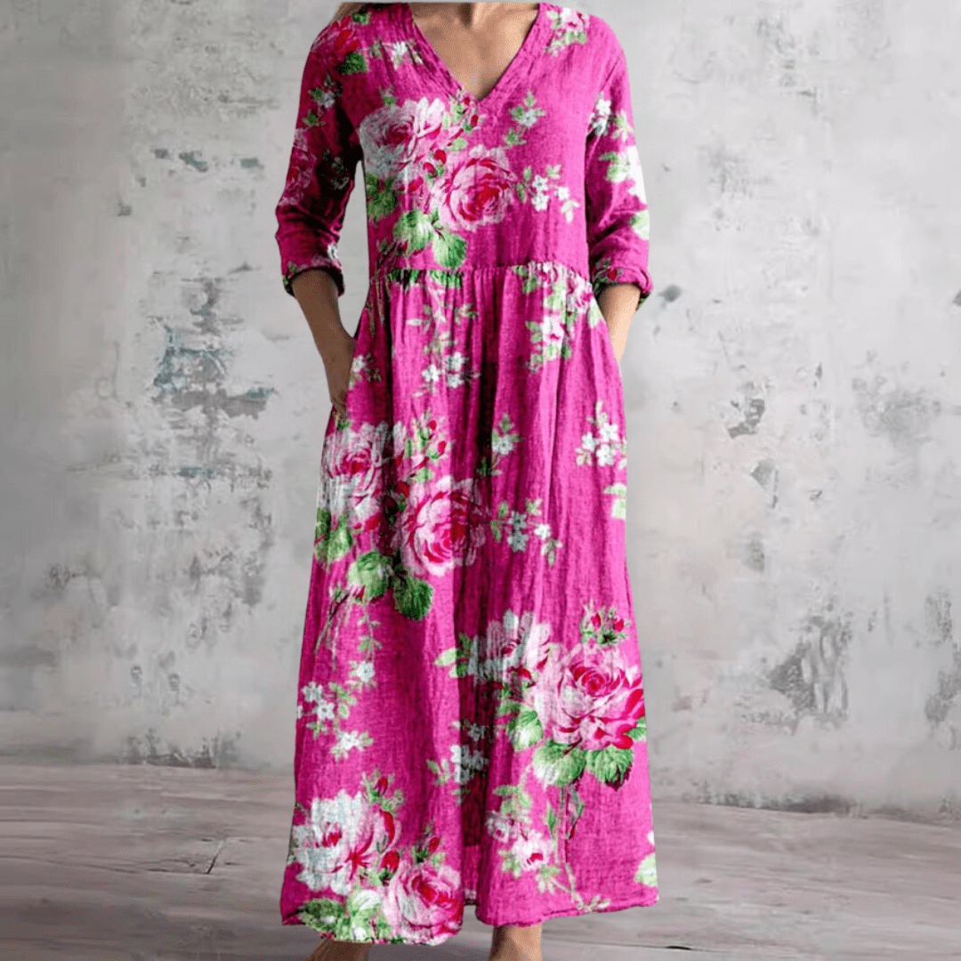 Dames Maxi Jurk – V-Hals, Bloemenpatroon, Losvallende Jurk-Dames Maxi Jurk-Suzannies-Koraal Roze-S-Suzannies