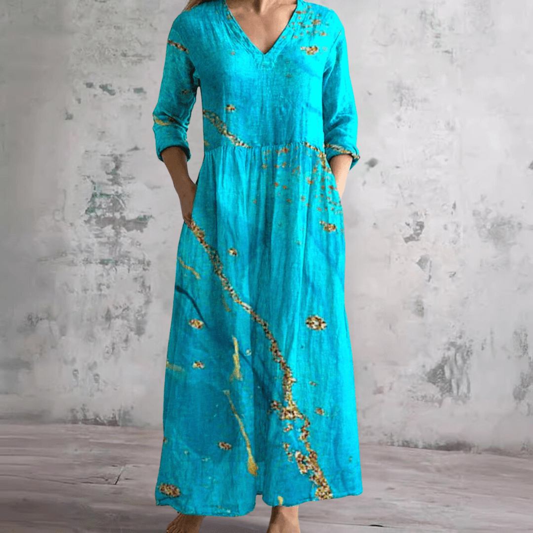 Dames Maxi Jurk – V-Hals, Bloemenpatroon, Losvallende Jurk-Dames Maxi Jurk-Suzannies-Turkoois-S-Suzannies