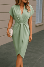 Dames Midi Jurk – Wikkelontwerp, Elegant, V-Hals Jurk-Dames Midi Jurk-Suzannies-Groen-S-Suzannies