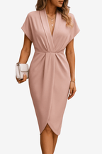 Dames Midi Jurk – Wikkelontwerp, Elegant, V-Hals Jurk-Dames Midi Jurk-Suzannies-Roze-S-Suzannies