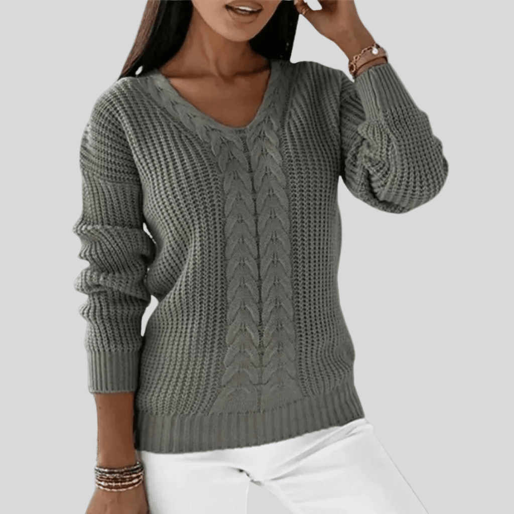 Dames V-hals Kabeltrui – Elegant, Tijdloos, Gebreide Trui-Dames Trui-Suzannies-Grijs-S-Suzannies