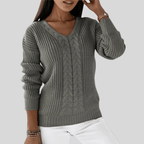 Dames V-hals Kabeltrui – Elegant, Tijdloos, Gebreide Trui-Dames Trui-Suzannies-Grijs-S-Suzannies