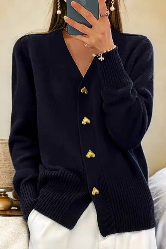 Dames Vest – Harten Knoopsluiting, Lange Mouwen met V-hals-Dames Vest-Suzannies-Zwart-S-Suzannies