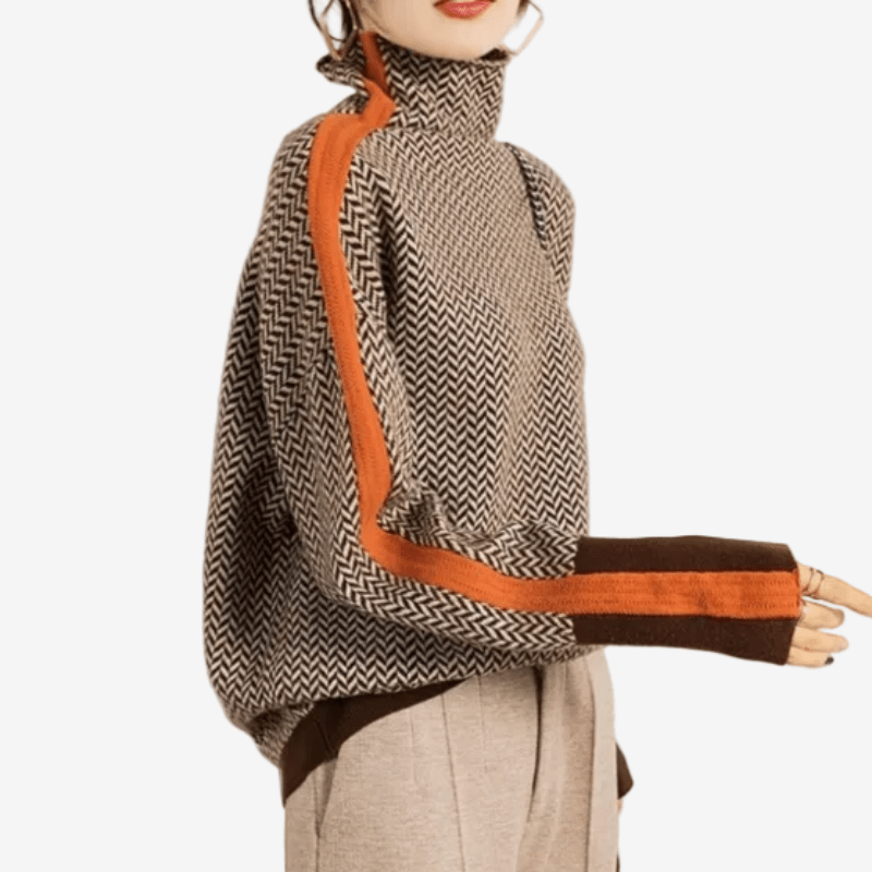 Dames Visgraat Trui – Colkraag, Gestreept Patroon, Coltrui-Trui-Suzannies-Oranje-Eén maat-Suzannies