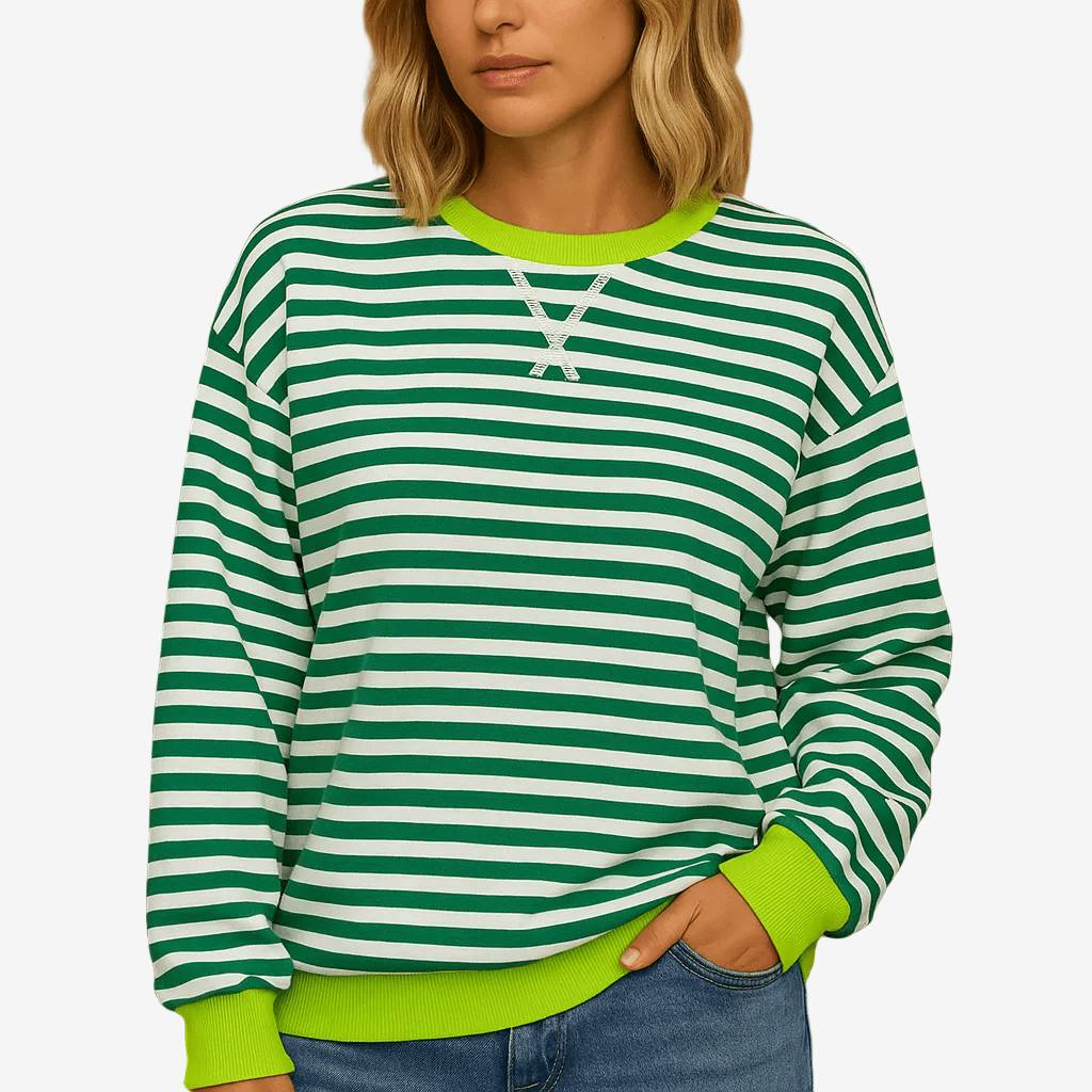 Gestreepte Damestrui – Casual, Ronde Hals, Lange Mouwen-Dames Trui-Suzannies-Groen-S-Suzannies