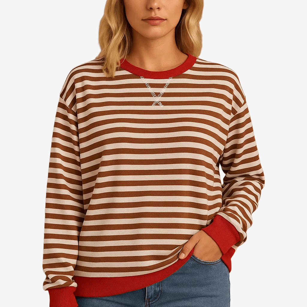 Gestreepte Damestrui – Casual, Ronde Hals, Lange Mouwen-Dames Trui-Suzannies-Rood-wit-S-Suzannies