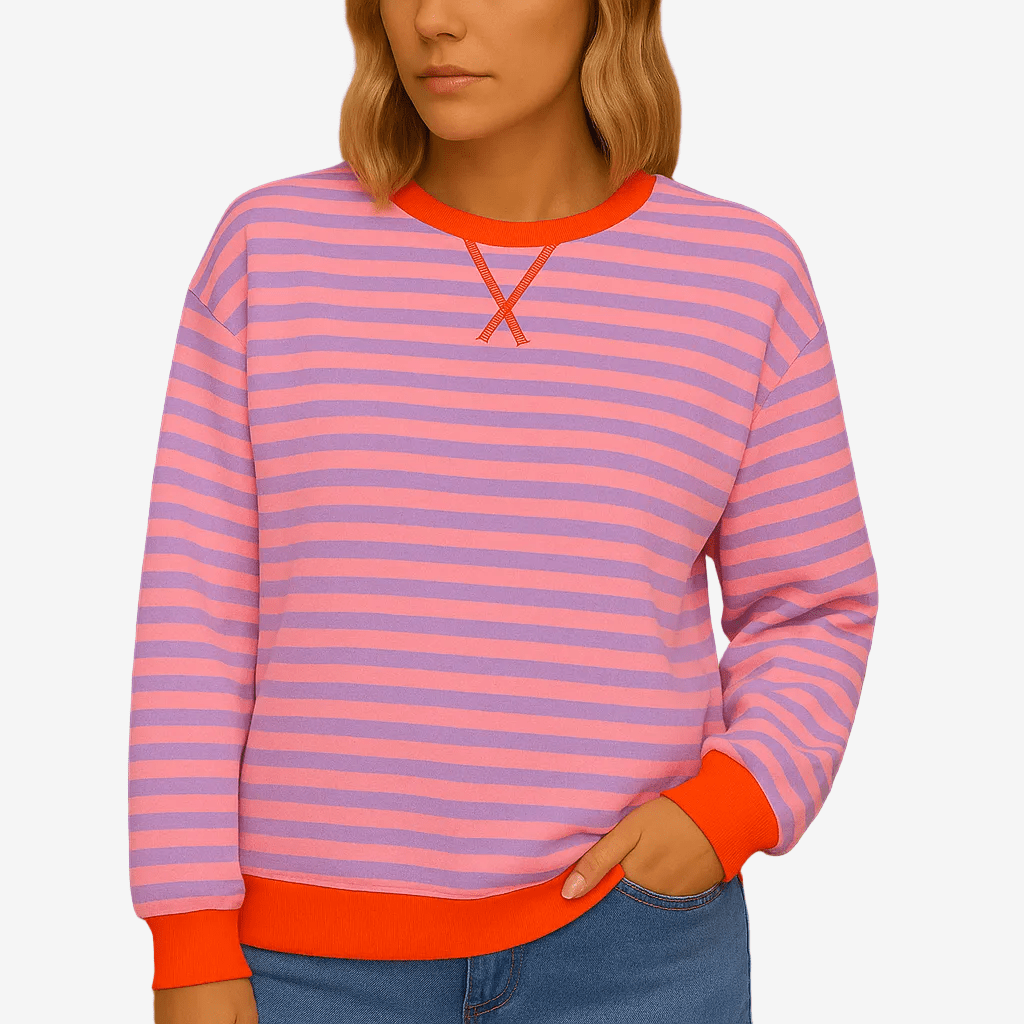Gestreepte Damestrui – Casual, Ronde Hals, Lange Mouwen-Dames Trui-Suzannies-Roze-S-Suzannies
