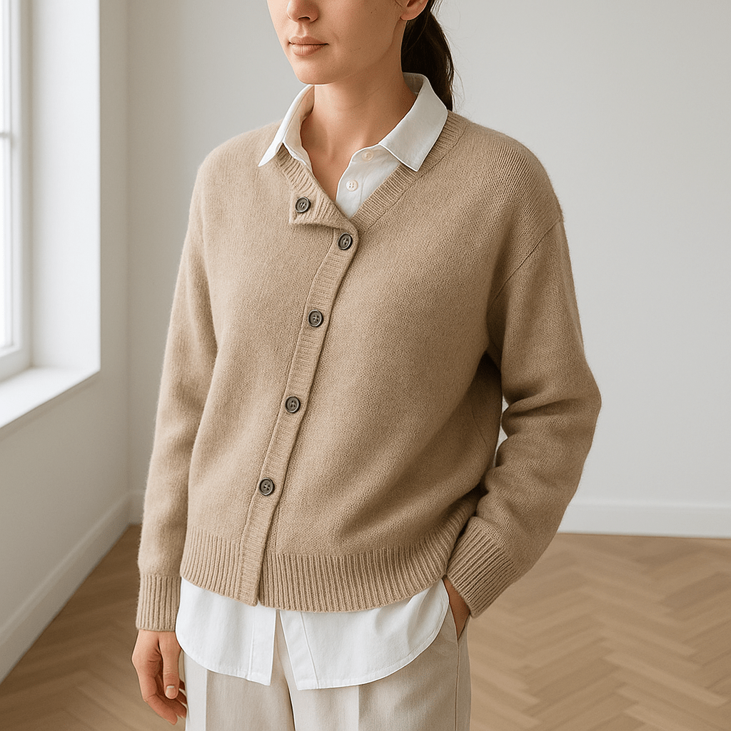 Moderne Dames Vest – Asymmetrische Knoopsluiting, Lange Mouwen-Dames Vest-Suzannies-Bruin-S-Suzannies